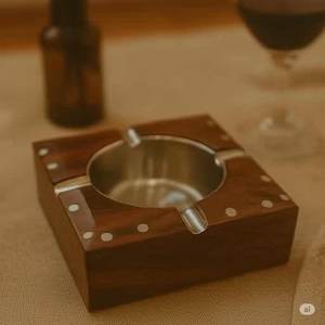 Handcrafted Acacia Wood <b>Ashtray</b> with Steel Inlay | Wooden Table Decor | Handmade Indian Craft for Home or Office By NS Overseas - Product Image 6