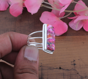 925 <b>Sterling</b> <b>Silver</b> Women's Classic Pink Copper Amethyst Bezel Setting Long Rectangle Composite Stone Multi <b>Wire</b> Split Band Ring - Product Image 3