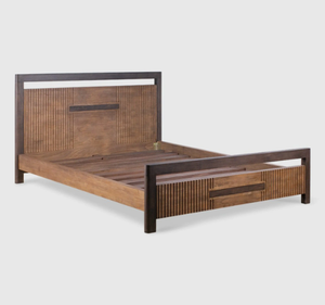 Lit plateforme minimaliste moderne en teck massif avec tiroir de rangement intégré et tête de lit à lattes verticales – Garantie 3 ans - Product Image 2