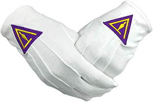 Gants maçonniques en coton blanc, longueur poignet, avec logo triangle violet et jaune brodé, style uni, usage décontracté, toutes saisons - Product Image 4