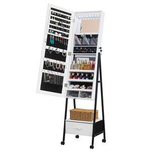 Armadietto a Specchio LED Bianco con Base in Legno, Specchio Intero e 1 Grande Cassetto, 4 Ruote, Luci LED Bianche per Conservazione Gioielli - Product Image 4