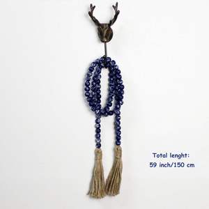 Navy Blue Distressed <b>Wooden</b> Beads Garland with Tassels Farmhouse <b>Rustic</b> Prayer Bead Wall Hanging for Home Festival Decor - Product Image 2