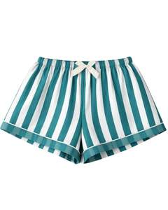 Conjunto de pijama para mujer a rayas azul verdoso y blanco, de manga corta, con botones, de satén, de dos piezas, para dormir y descansar. - Product Image 5