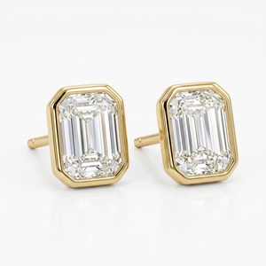 Boucles d'oreilles classiques en or jaune massif avec diamant CVD cultivé en laboratoire certifié IGI, serti clos, émeraude 1 carat, pour femme, usage quotidien - Product Image 1