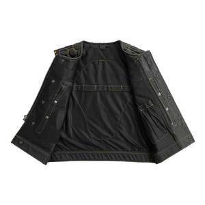 Gilet en cuir véritable noir de haute qualité, respirant, robuste, perforé, en cuir de vachette pleine fleur, col rond, vêtement extérieur dissimulé pour l'automne - Product Image 6