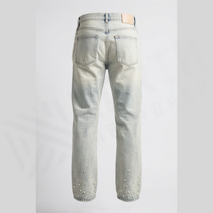 Jean droit taille haute pour homme en denim de coton délavé style streetwear perlé coupe slim décontracté printemps - Product Image 2