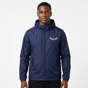 Men's Navy Blue Hooded Windproof <b>Jacket</b> With Embroidered Logo Zipper Front Spring Outerwear - Product Image 2