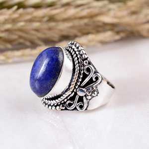 SHYAM JEWELRS Handmade Lapis Lazuli 925 Sterling Silver Wide Leaf Band <b>Statement</b> <b>Ring</b> Natural Blue Gemstone Jewelry Boho Ethnic - Product Image 3