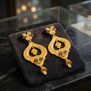 Vente en gros de boucles d'oreilles pendantes plaquées or 14K18K24K, design floral traditionnel, ensemble de boucles d'oreilles pendantes pour mariée - Product Image 5