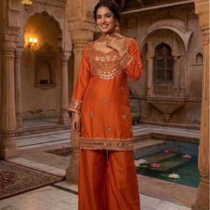 Ensemble Kurti et pantalon brodé élégant avec dupatta – Tenue de soirée ethnique de créateur avec travail miroir pour femme - Product Image 1