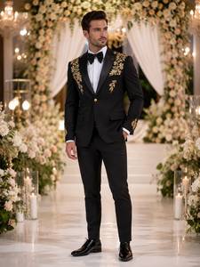 Traje de novio negro personalizado con bordado |   Blazer Dorado Premium con Diseño Floral para Hombre, Ideal para Bodas - Product Image 1