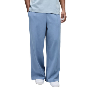Men Straight Leg Cotton <b>Trousers</b> <b>Elastic</b> <b>Waist</b> Breathable Casual Pants Blue Midweight Woven Fabric Side Pockets - Product Image 1