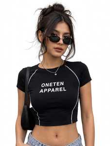 ONETEN APPAREL Women's <b>Black</b> <b>Crop</b> <b>Top</b> <b>Short</b> <b>Sleeve</b> Crew Neck Slim Fit Casual Jersey T-Shirt Spring Summer Wear - Product Image 5