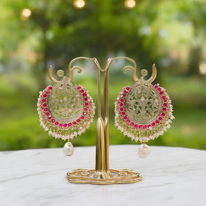 Fashion Chandelier Earrings Pink Chandbali Style with Pearl Gungurus - Product Image 3