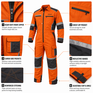Custom Orange Black Hi Visibility Spandex Reflective Workwear Coverall Heavy Duty Industrial Mechanic Uniform Cargo Pockets - Product Image 2