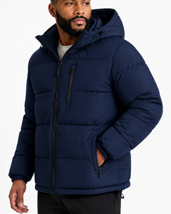 Veste matelassée bleu marine pour homme avec capuche, col montant, fermeture éclair, coupe-vent, vêtement d'hiver décontracté, coupe régulière, matière polyester - Product Image 1