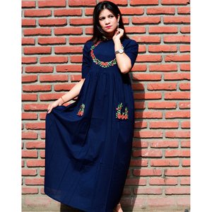 Vestido Maxi Azul Marino, Silueta Holgada con Bordado, Transpirable, Talla XS, para Ocasiones Diarias - Product Image 5