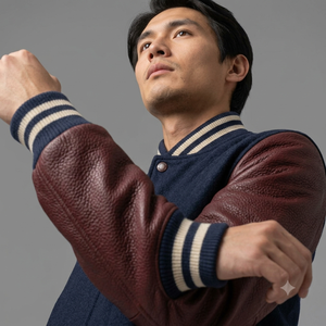 Men's Navy Blue Varsity Jacket With Burgundy Leather Sleeves <b>Button</b> Closure Turn-down Collar Casual Autumn Wear - Product Image 5
