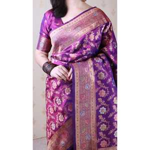 ผ้าไหมทอสีม่วงลายบาเนราซี จาล ยี่ห้ออีลิท วีฟส์ เนื้อผ้านุ่ม ประดับด้วยดิ้นทอง ซารี ผ้าไหมอินเดีย/ปากีสถาน - Product Image 5