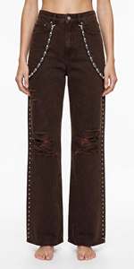 Vaqueros anchos de mujer estilo vintage lavado con doble rotura, tachuelas laterales y cadena de calavera, estilo streetwear Y2K, de mezclilla ecológica. - Product Image 2
