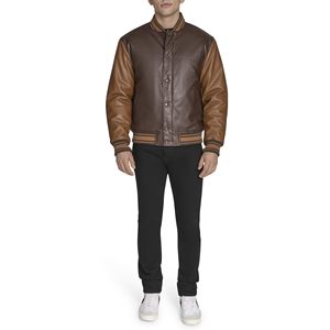Men's Brown PU Leather Bomber <b>Jacket</b> With Button Closure Regular Fit Casual Style Turn-down Collar Autumn Wear - Product Image 1