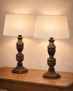 <b>Rustic</b> Carved PVC Cordless Table Lamp with Drum Shade French Style Bedside <b>Desk</b> Light for Tabletop Living Room Decor - Product Image 5