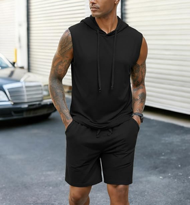 Service OEM – Ensemble de sport tricoté pour homme à manches courtes, mode été, 2 pièces, avec débardeur à capuche, 100 % coton - Product Image 2