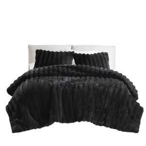 3 PCS King Size Ultrasoft Faux Fur Ribbed <b>Comforter</b> <b>Set</b> in Black - Product Image 3