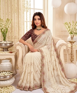 Elegant Cream Silk <b>Saree</b> With Floral Embroidery And <b>Maroon</b> Blouse For Wedding Occasion Women Traditional Wear - Product Image 1