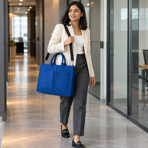 Royal Blue Canvas <b>Laptop</b> Tote Bag Large Capacity Eco-Friendly Dual Front Pockets Detachable Shoulder Strap | Heavy Duty Office - Product Image 1