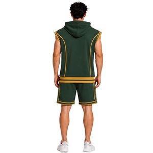 Conjunto Deportivo para Hombre, Color Verde Mostaza, Sin Mangas, con Capucha, Logotipo Personalizado, para Gimnasio, Fitness, Entrenamiento, Sudadera y Pantalones Cortos Deportivos - Product Image 2