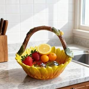Bol à fruits en céramique et porcelaine en forme de tournesol classique avec couvercle, assiette à collation, plat de service décoratif créatif pour la maison et la cuisine - Product Image 1