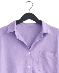 Conjunto de dos piezas de lino color lavanda para mujer, camisa de manga larga con botones y pantalones anchos de cintura elástica, atuendo informal. - Product Image 4