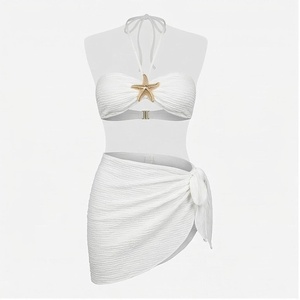 <b>White</b> Ribbed 2 Piece <b>Tankini</b> Set With Starfish Decoration Halter <b>Top</b> And Wrap Skirt For Women - Product Image 1
