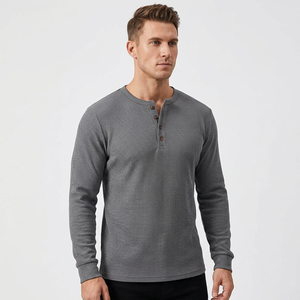 T-shirt Henley à manches longues pour homme, coupe classique, gris uni, tricoté, 100% coton, décontracté, respirant, col rond, séchage rapide - Product Image 4