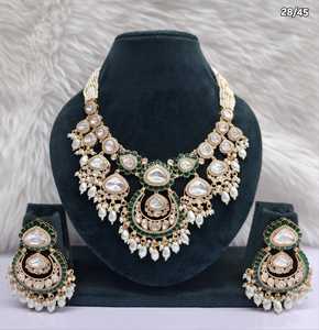Luxury Meenakari Kundan Bridal Jewelry Set Emerald Green Meena Work <b>Necklace</b> Multi Strand Pearl Back Choker with <b>Statement</b> Earri - Product Image 2