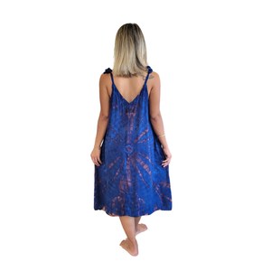 Trendy Boho Tie Dye Maxi Dress Rayon Deep V Neck Sleeveless Loose Fit Blue Brown Summer Casual Outfit - Product Image 3