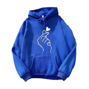 Custom Wholesale Light Blue Pullover Hoodie Casual Fleece <b>Sweatshirt</b> with <b>Heart</b> Hand Graphic Print and Kangaroo Pocket for Women - Product Image 2