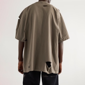Men's Oversized Beige T-Shirt <b>Short</b> <b>Sleeve</b> O-Neck Street Style Jersey Knitted Cotton Solid Color With Cut-Out Details - Product Image 4
