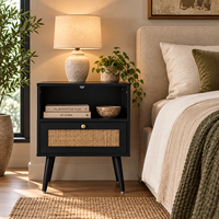Table de chevet pliable en bois massif noir, style rustique moderne vintage, avec tiroir en rotin et cannage, pour chambre à coucher