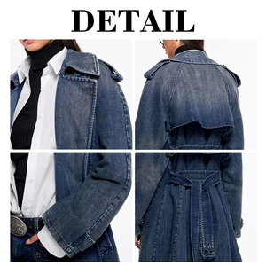 Gabardina Larga de Mezclilla Azul para Mujer, Chaqueta Cruzada con Cuello de Solapa y Cinturón - Product Image 6