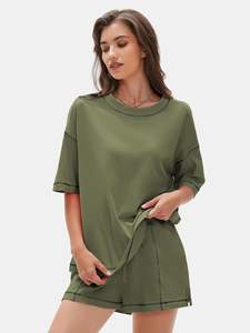 Conjunto de Camiseta de Manga Corta y Pantalones Cortos para Mujer, Estilo Casual, Ecológico, para Verano, Dos Piezas, Ropa de Salón, Conjunto a Juego, Venta al Por Mayor - Product Image 3