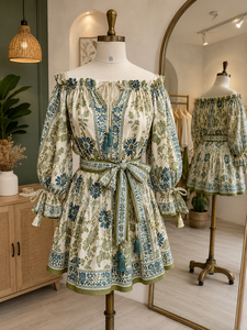 Vestido Mini Formal Bohemio para Mujer con Mangas Abullonadas y Escote sin Tirantes |   Vestido de Verano con Estampado Floral Personalizado - Product Image 2