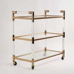 Carrito de Servicio Moderno de Mediados de Siglo con 2 Estantes, Estructura de Latón, 4 Ruedas, Mueble Comercial Resistente para Hotel o Bar - Product Image 3