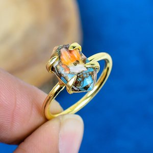 Handmade Spiny Blue Oyster Copper Turquoise Hexagon Shape Gemstone 18k Gold Micron Over 925 Sterling <b>Silver</b> - Product Image 1