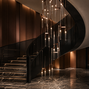 Escalier en colimaçon en marbre noir avec panneaux muraux en bronze et tubes en verre – Design de balustrade moderne pour villa - Product Image 3
