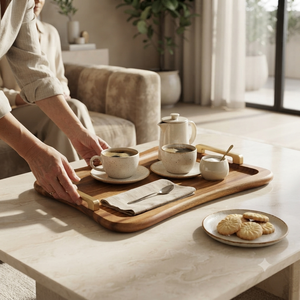 Bandeja de Servir de Madera Hecha a Mano con Asas de Metal, Bandeja Grande para Café, Té, Desayuno, Comida, Decoración de Mesa para Hogar, Restaurante, Hotel - Product Image 4