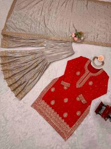Heavy Embroidered Chinon Silk Quick Dry Indian Pakistani Set <b>Women</b> <b>Kurta</b> Sharara Dupatta Ethnic Wear Wedding Party Outfit - Product Image 4
