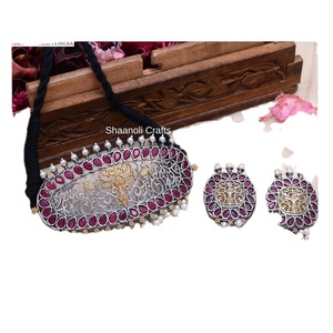 Nouveauté collier ras du cou fait à la main en argent oxydé pierre ensemble avec boucles d'oreilles bijoux en laiton pour les femmes pour les fêtes mariages cadeaux - Product Image 1