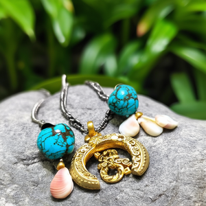 Oxidised Link Chain with Three Jhumka Pendant Gold Plated Turquoise Shell Jewelry - Product Image 3